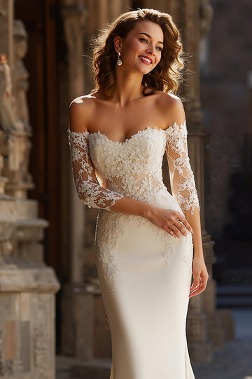 Off the Shoulder Mermaid Ivory Lace Appliqued Court Train Wedding Dress